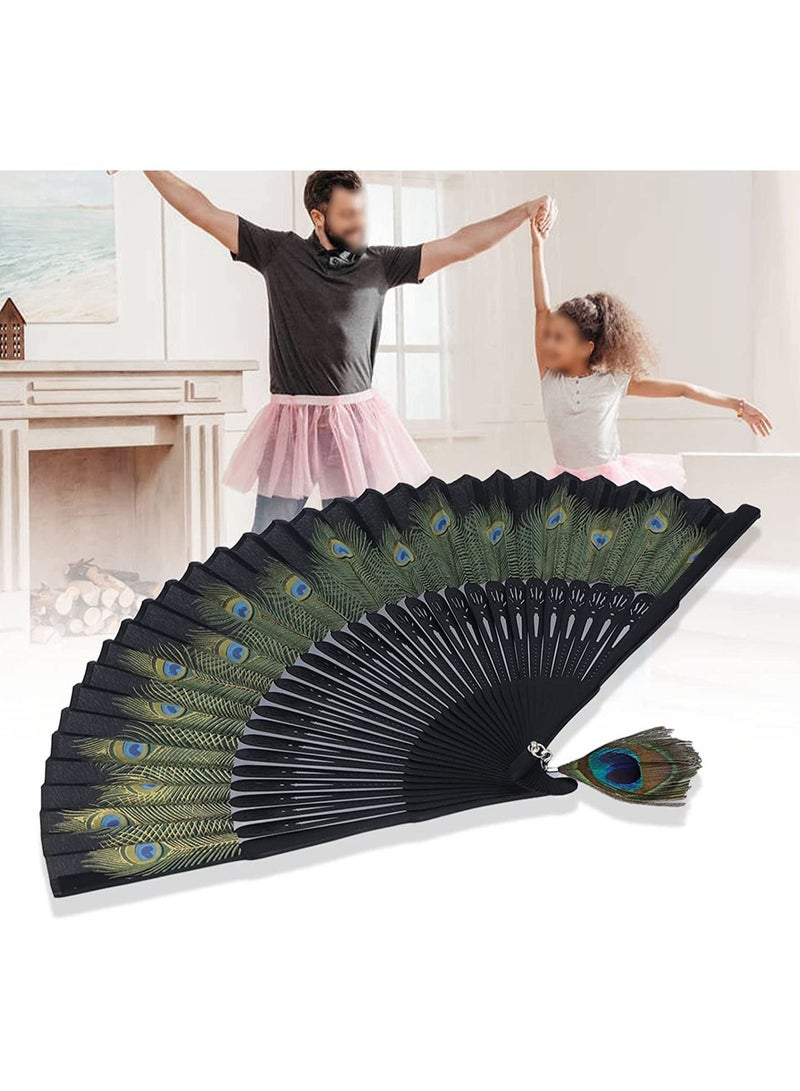 SYOSI Folding Fan, Womens Bamboo Fan Vintage Chinese Style, Black Bones Beautiful Peacock Pattern Antique Hand Fan for Wedding, Party Favor, Performance, Dance,Festival, Gift, Home Decoration - Image 2