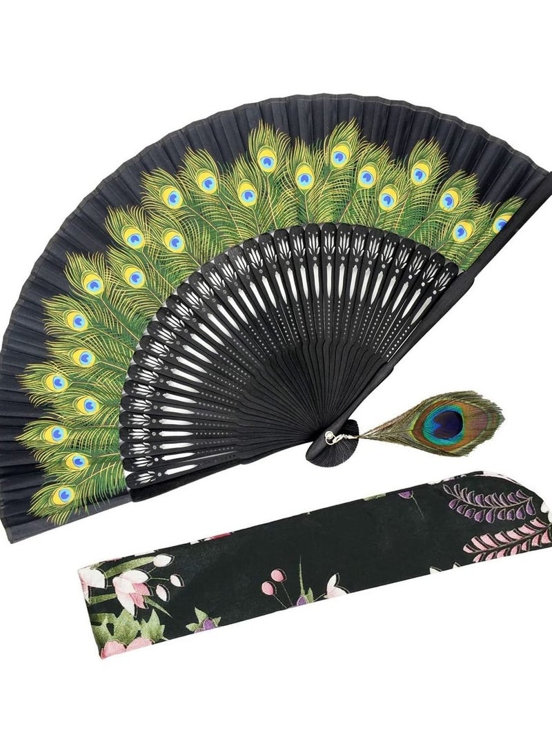 SYOSI Folding Fan, Womens Bamboo Fan Vintage Chinese Style, Black Bones Beautiful Peacock Pattern Antique Hand Fan for Wedding, Party Favor, Performance, Dance,Festival, Gift, Home Decoration - Image 1
