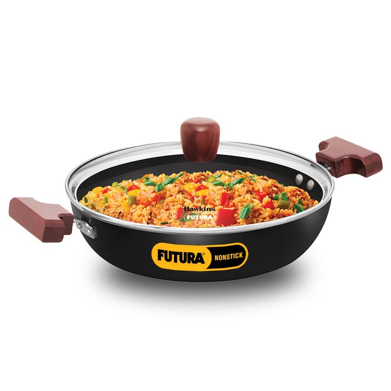 Hawkins Futura 2.5 Litre Shallow Kadhai, Nonstick Kadai with Glass Lid, Flat Bottom Induction Kadhai, Deep Fry Pan, Black (INSK25G) - Image 1