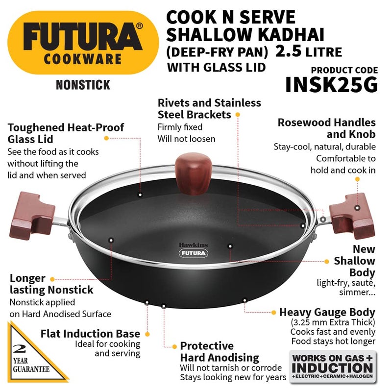 Hawkins Futura 2.5 Litre Shallow Kadhai, Nonstick Kadai with Glass Lid, Flat Bottom Induction Kadhai, Deep Fry Pan, Black (INSK25G) - Image 2