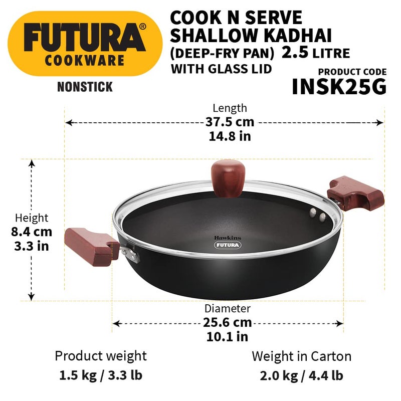 Hawkins Futura 2.5 Litre Shallow Kadhai, Nonstick Kadai with Glass Lid, Flat Bottom Induction Kadhai, Deep Fry Pan, Black (INSK25G) - Image 3