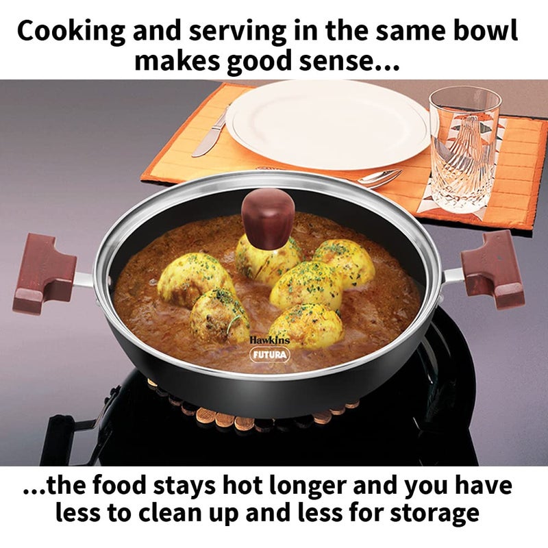 Hawkins Futura 2.5 Litre Shallow Kadhai, Nonstick Kadai with Glass Lid, Flat Bottom Induction Kadhai, Deep Fry Pan, Black (INSK25G) - Image 4