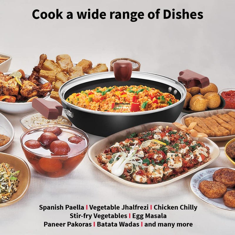 Hawkins Futura 2.5 Litre Shallow Kadhai, Nonstick Kadai with Glass Lid, Flat Bottom Induction Kadhai, Deep Fry Pan, Black (INSK25G) - Image 5