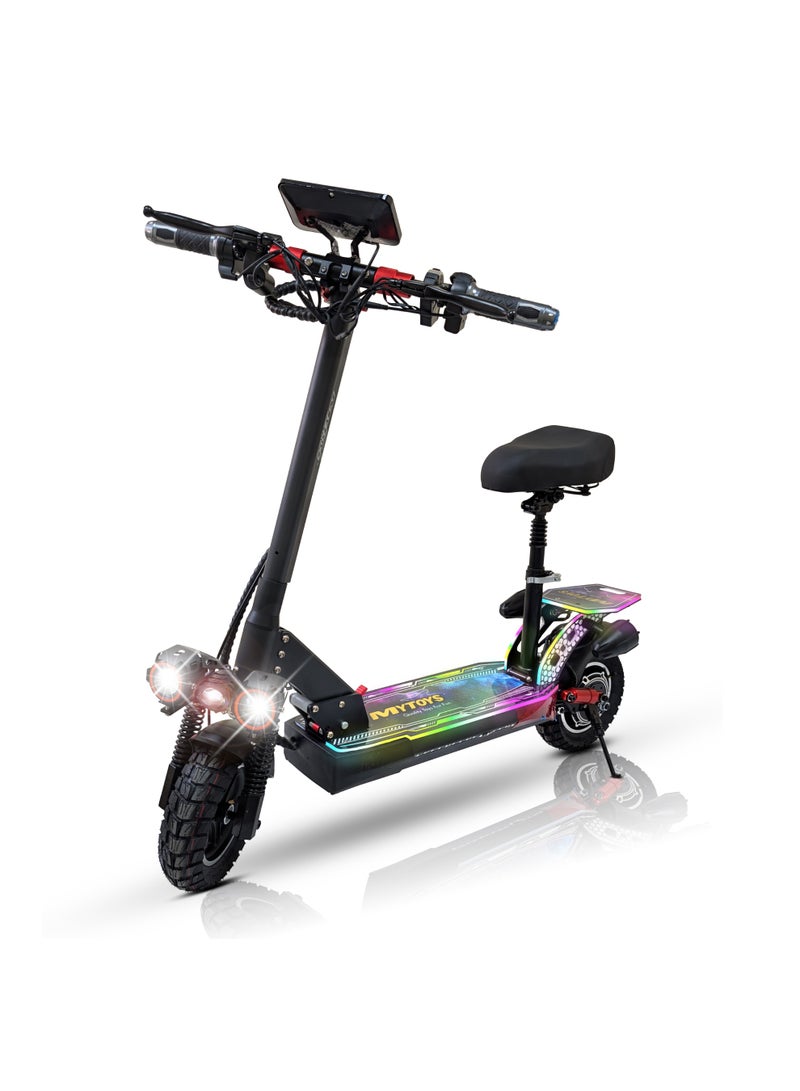 Mytoys High Speed Adult Electric Scooter 1200W Brushless Motor up to 65km/H Speed, 30-35Km Long Range, 48V10.4Ah Battery, LED Screen Display, Foldable, Dual Front and Rear Shock Absorber with Bluetooth Speaker, 10" Off Road Tires LED Lights, Turn Signals, Colorful LED light standing Deck â€“ MT850 - Image 1