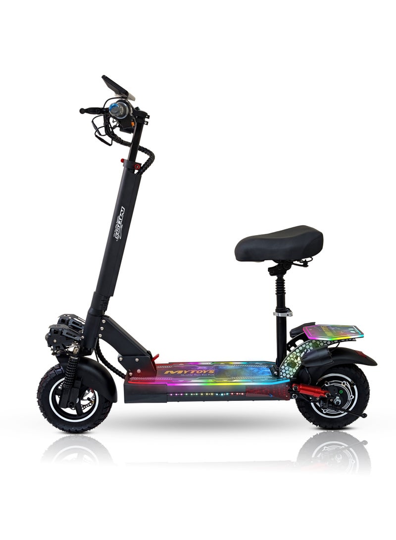 Mytoys High Speed Adult Electric Scooter 1200W Brushless Motor up to 65km/H Speed, 30-35Km Long Range, 48V10.4Ah Battery, LED Screen Display, Foldable, Dual Front and Rear Shock Absorber with Bluetooth Speaker, 10" Off Road Tires LED Lights, Turn Signals, Colorful LED light standing Deck â€“ MT850 - Image 4