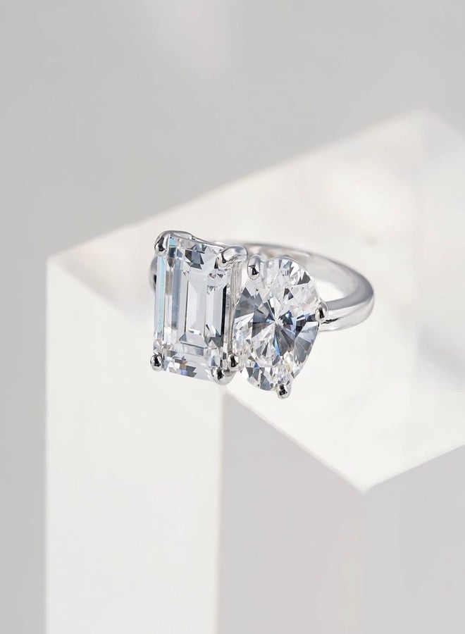 ديامون بليس خاتم DIAMONBLISS مزدوج الأحجار من الزمرد والقطع البيضاوي للنساء، مصنوع من الذهب الأصفر عيار 14 قيراطًا، مطلي بالبلاتين، من الفضة الإسترليني عيار 925، خاتم خطوبة كوكتيل | زركونيا مكعبة CZ، ألماس صناعي (أبيض، 7) - Image 4