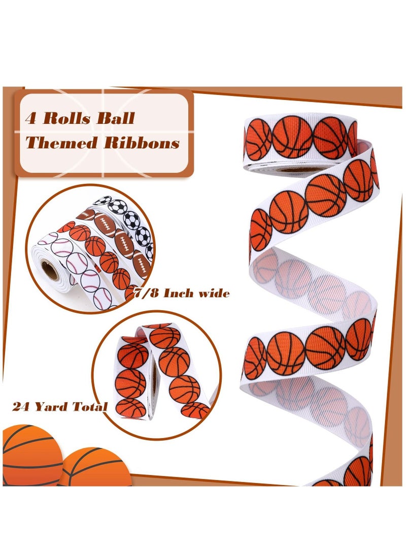 XiuWoo 4 Rolls Basketball Brown White Wired Edge Ribbon Grosgrain Football Baseball Sport Polyester Burlap for Party Wrapping Homecoming Mum Supplies 24 Yards Long 7/8 Inch Wide - Image 3