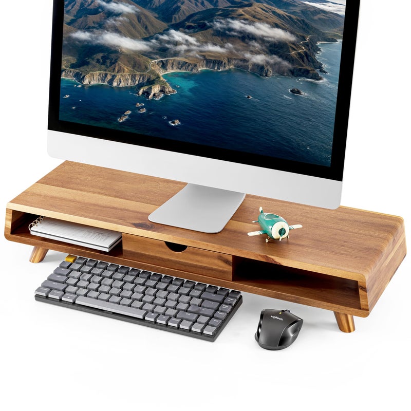 TINAMO Acacia Wood Monitor Stand with Drawer - Wooden Monitor Riser for Desk - Computer Monitor Stand for Desk - Multi-Purpose Desktop Storage Stand for Computer; Laptop; Printer; TV - 24.4 " x 8" x 5" (Patented) - Image 1