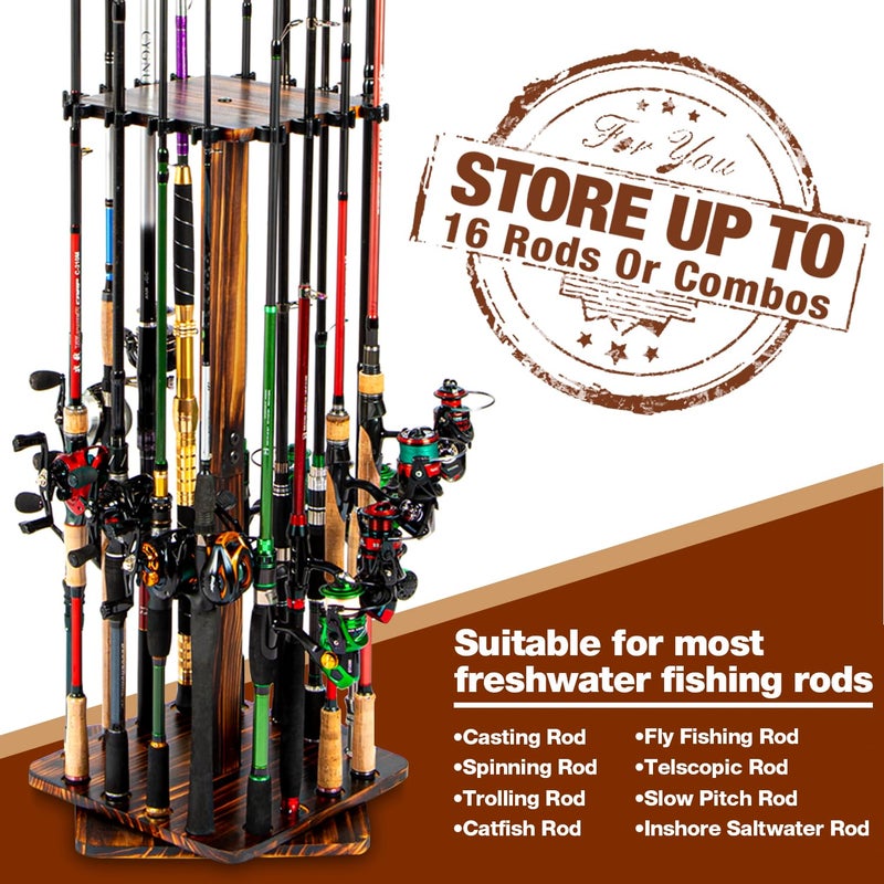 Ghosthorn Fishing Rod Holders for Garage 360 Degree Rotating Fishing Pole Rack, Floor Stand Holds up to 16 Rods Wood Fishing Gear Equipment Storage Organizer, Fishing Gifts for Men Women - Image 3