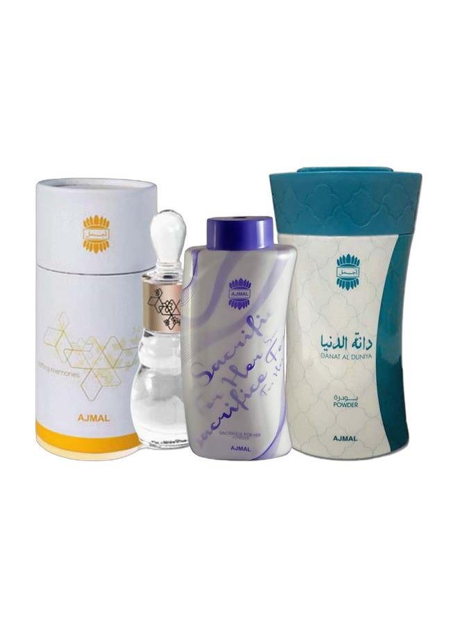 Ajmal Sacrifice Powder for Her (100g), Danat Al Duniya Powder (80g), and a Muskrose Pack (12g)  - Image 1
