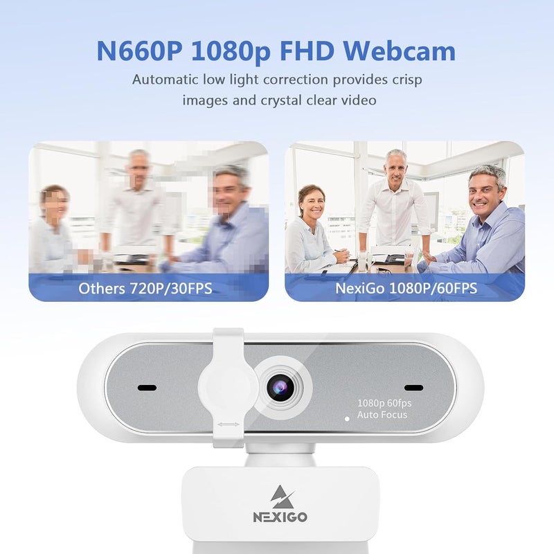 NEXIGO N660P (الجيل 2) كاميرا ويب 1080P 60FPS مع تحكم بالبرمجيات، ميكروفون مزدوج وغطاء، تركيز تلقائي، كاميرا ويب USB عالية الدقة، لـ OBS/Zoom/Skype/FaceTime/Teams/Twitch، أبيض - Image 2