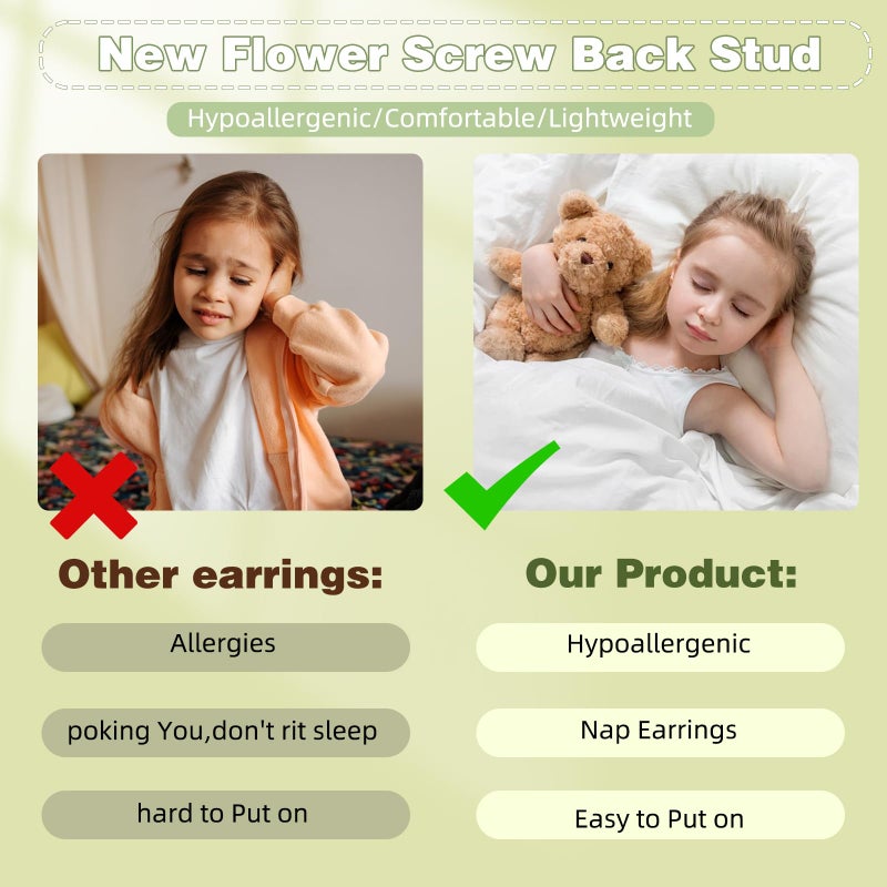 DAILI 8Pairs Hypoallergenic Earrings for Girls Women,14K Gold Plated Toddler Screw Back Earrings for Sensitive Ears Silver Kids Titanium Flat Back Earrings Cute Flower Heart Star Ball Dot Mouse Heilx Stud Baby Earring Sets - Image 5
