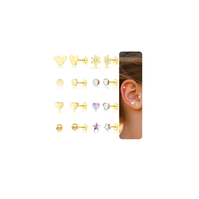 DAILI 8Pairs Hypoallergenic Earrings for Girls Women,14K Gold Plated Toddler Screw Back Earrings for Sensitive Ears Silver Kids Titanium Flat Back Earrings Cute Flower Heart Star Ball Dot Mouse Heilx Stud Baby Earring Sets - Image 1