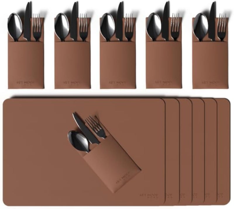 ART MOOD HOME Leather Placemats and Cover Holder - Set of 6 Placemats, 6 Cover Holders Durable for Dinner Plate, Dining Table Havan 45W x 30L and 10W x 17L CM