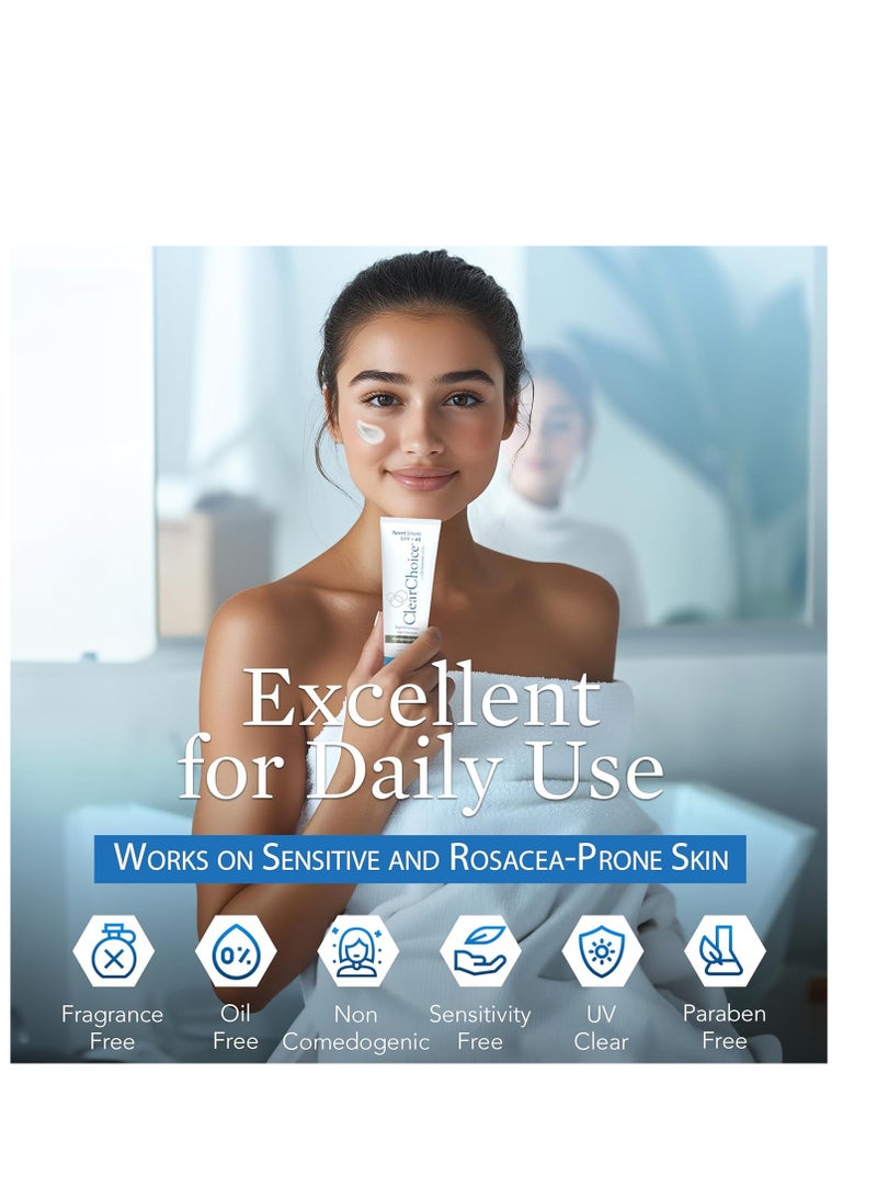 Clear Choice Sunscreen for Face SPF 45, Oil Free Sunblock & Light Moisturizer with Zinc Oxide, Reef-Safe, Broad Spectrum, Water-Resistant, No White Cast, Dermatologist Recommended, 4oz - Image 4