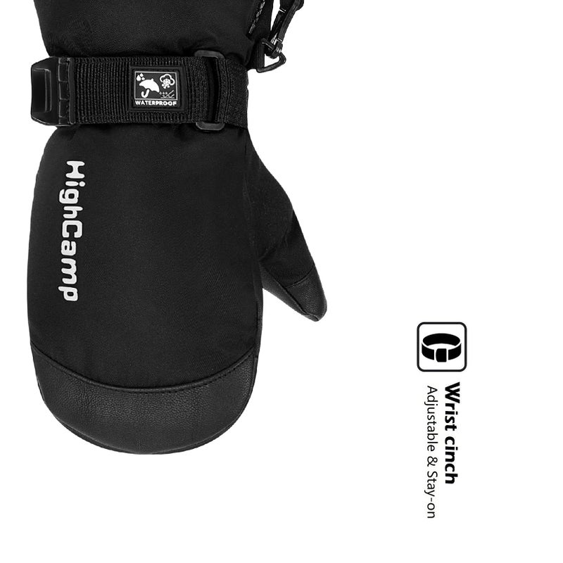 HIGHCAMP Kids Waterproof Snow Ski Gloves w/Zipper & String on Long Cuff Cold Weather Mitten for Toddler & Youth Boys Girls-Black,XS (2-4Y) - Image 4