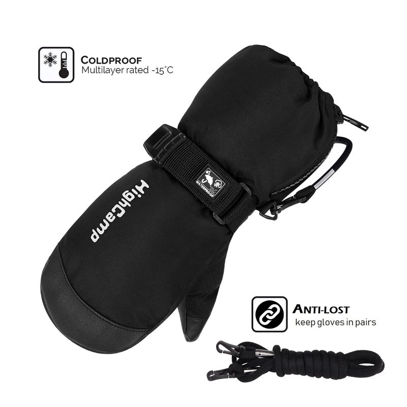 HIGHCAMP Kids Waterproof Snow Ski Gloves w/Zipper & String on Long Cuff Cold Weather Mitten for Toddler & Youth Boys Girls-Black,XS (2-4Y) - Image 2