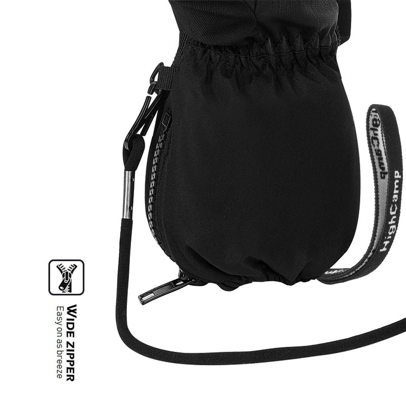 HIGHCAMP Kids Waterproof Snow Ski Gloves w/Zipper & String on Long Cuff Cold Weather Mitten for Toddler & Youth Boys Girls-Black,XS (2-4Y) - Image 5