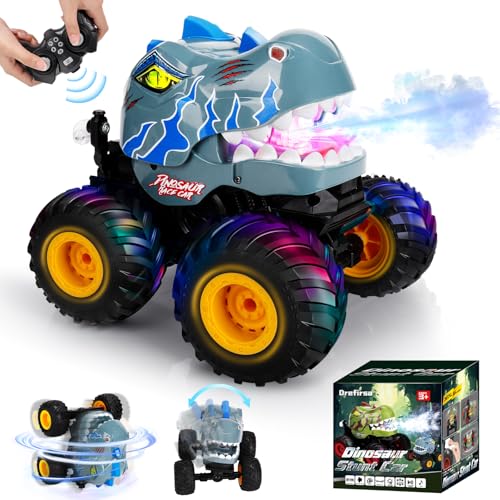 Drefirsa Remote Control Car for Boys 47 812 Dinosaur Monster Truck Toys with 50min Runtime Spray LED Light 360 Rotating 90 Driving RC Stunt Car for Kids Birthday - Image 1