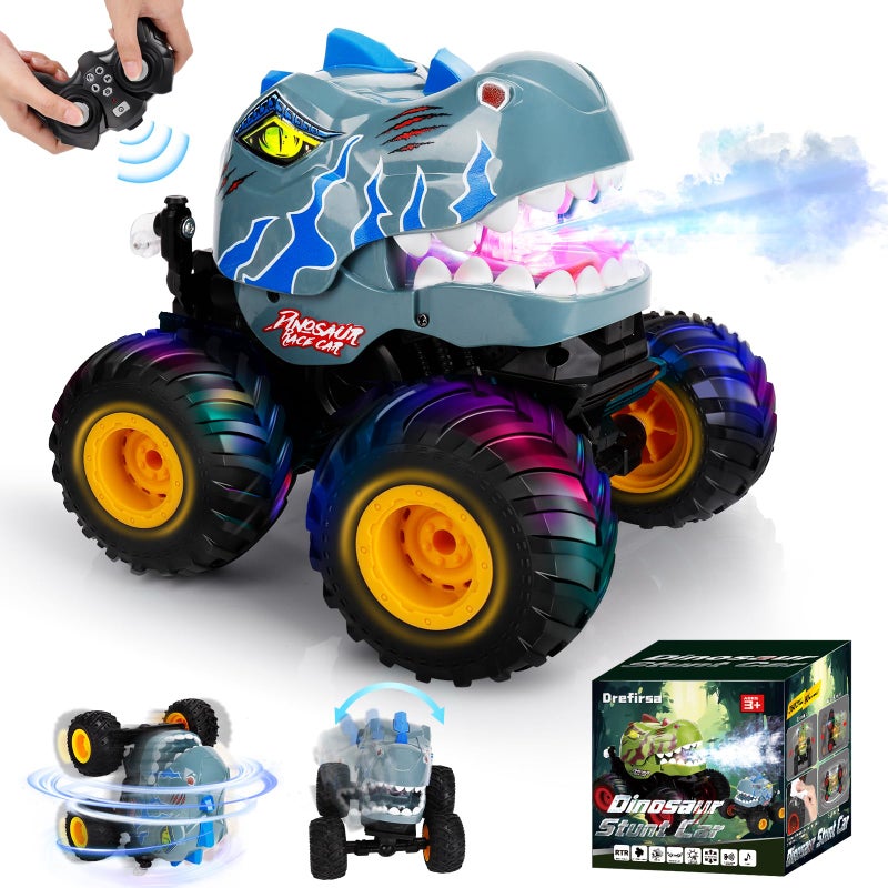 Drefirsa Remote Control Car for Boys 47 812 Dinosaur Monster Truck Toys with 50min Runtime Spray LED Light 360 Rotating 90 Driving RC Stunt Car for Kids Birthday - Image 3