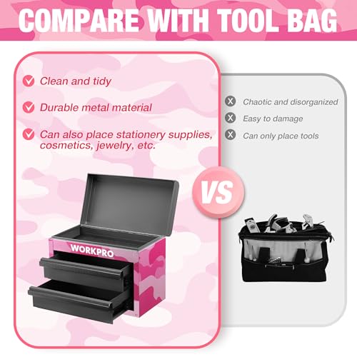WORKPRO Metal Mini Tool Box, Top Tool Chest containing Two Drawers with Ball Bearing Slides, PVC Drawer Liners and PP Feet Pads, Cold Rolled Steel Small Toolbox for Multi-Purpose Storage - Pink Ribbon - Image 4