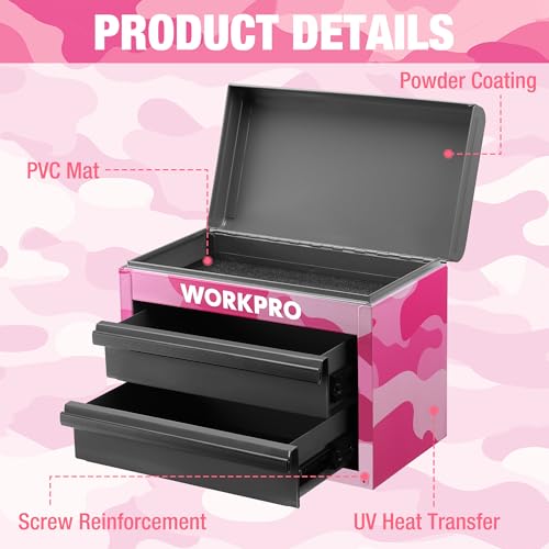 WORKPRO Metal Mini Tool Box, Top Tool Chest containing Two Drawers with Ball Bearing Slides, PVC Drawer Liners and PP Feet Pads, Cold Rolled Steel Small Toolbox for Multi-Purpose Storage - Pink Ribbon - Image 5