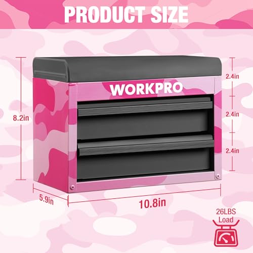 WORKPRO Metal Mini Tool Box, Top Tool Chest containing Two Drawers with Ball Bearing Slides, PVC Drawer Liners and PP Feet Pads, Cold Rolled Steel Small Toolbox for Multi-Purpose Storage - Pink Ribbon - Image 2
