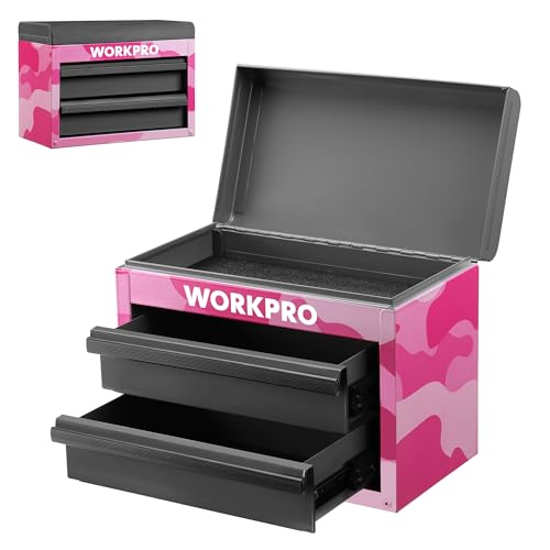 WORKPRO Metal Mini Tool Box, Top Tool Chest containing Two Drawers with Ball Bearing Slides, PVC Drawer Liners and PP Feet Pads, Cold Rolled Steel Small Toolbox for Multi-Purpose Storage - Pink Ribbon - Image 1