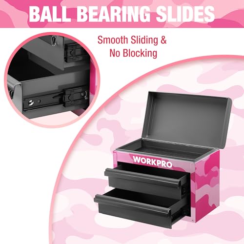 WORKPRO Metal Mini Tool Box, Top Tool Chest containing Two Drawers with Ball Bearing Slides, PVC Drawer Liners and PP Feet Pads, Cold Rolled Steel Small Toolbox for Multi-Purpose Storage - Pink Ribbon - Image 3