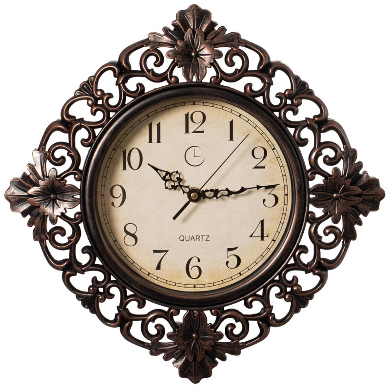 Clockswise 11" Classic Round Decorative Hanging Wall Clock with Ornate Floral Scroll Frame in Vintage Distressed Finish for Home Entryway Living Room Bedroom Kitchen Office Hotel & Restaurant, Brown - Image 1