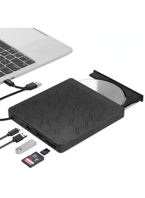 External DVD Drive for Laptop, USB 3.0 Type-C CD DVD +/-RW Burner Optical Disk Drive, Portable CD/DVD ROM Writer Reader with 2 Card Slot& 3 USB Port, for Desktop Windows 10/8/7 Linux OS Apple