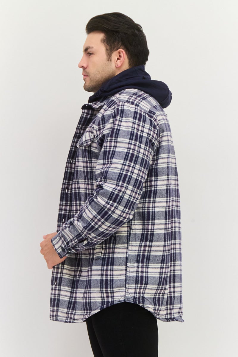 Rainforest Men Hooded Plaid Jacket Shirt, Navy - Image 2