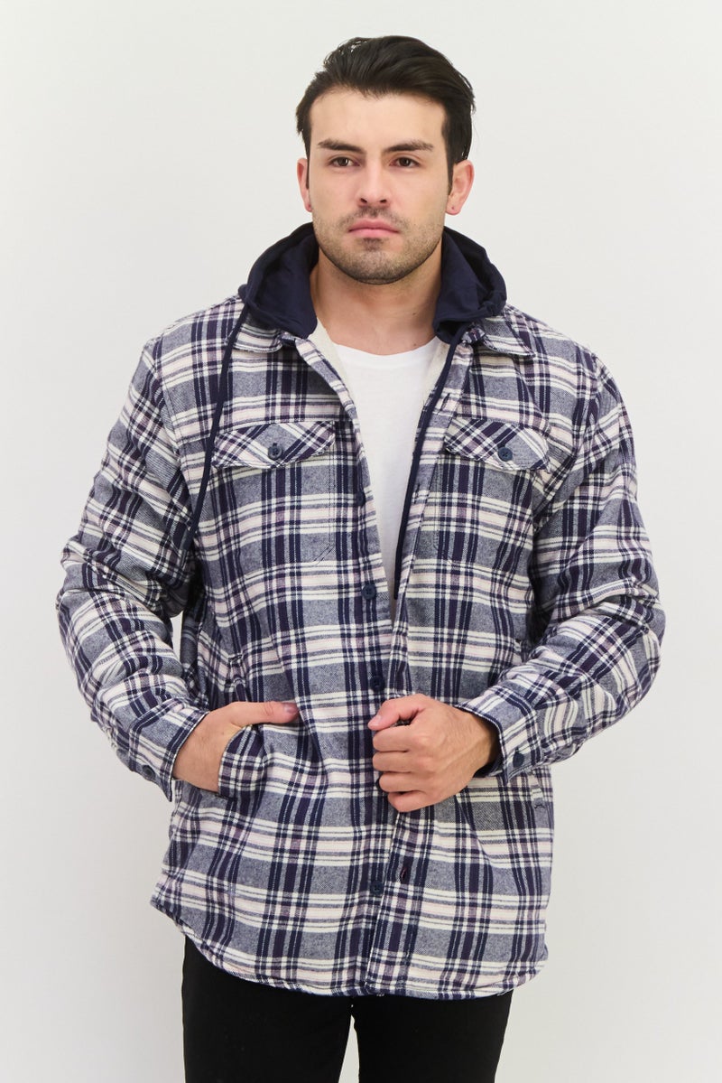 Rainforest Men Hooded Plaid Jacket Shirt, Navy - Image 1