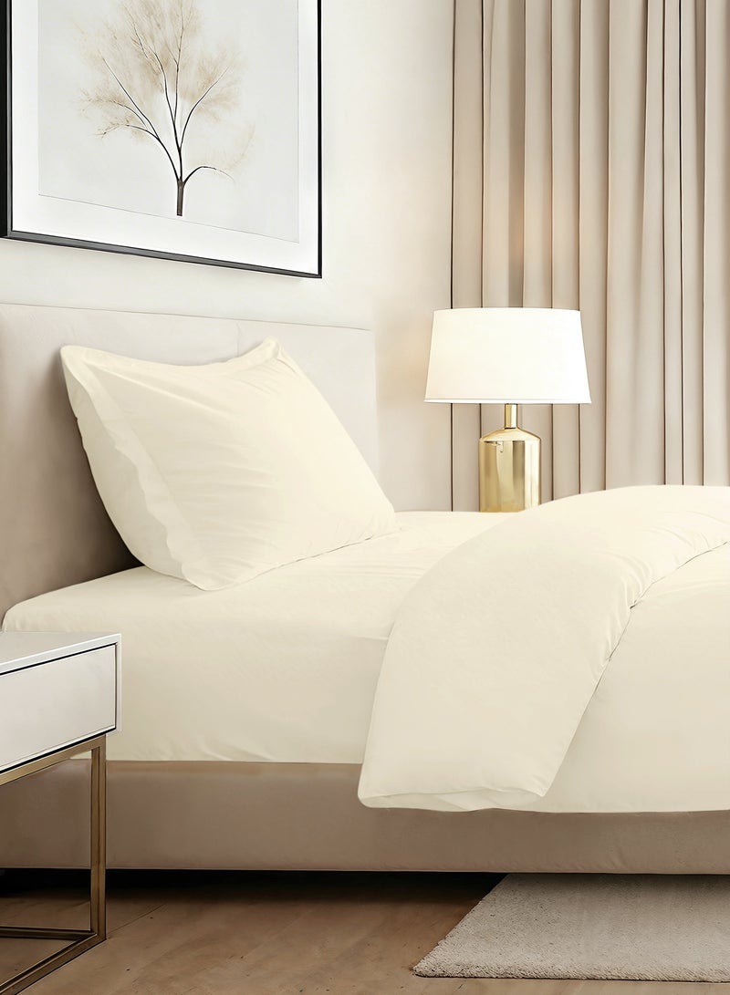 Pizuna Pure 100% Cotton Single Duvet Cover Set with Fitted Single Bed Sheet New Ivory, 400 Thread Count Long Staple Cotton Bedding Set, Soft Sateen Weave Comforter Set & 40 cm Deep Fitted Sheets