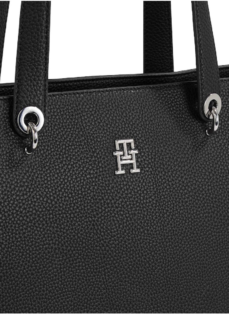TOMMY HILFIGER - Women's Monogram Plaque Tote Handbag, Polyurethane, Black - Image 1
