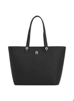 Women's Monogram Plaque Tote Handbag, Polyurethane, Black