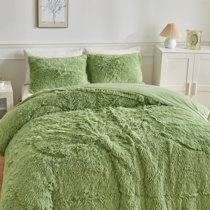 Wajade Faux Fur Plush Sage Green Comforter Set Fluffy Fuzzy Shaggy Bedding Set - 3PC King Size Microfiber Soft Warm Quilt Set - Image 2