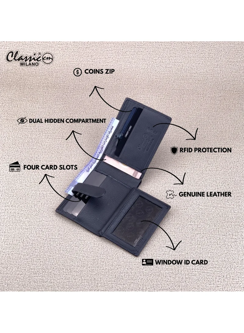 Classic Milano Blue (CNH-7) Classic Milano Genuine Leather Wallet for Men – Slim Bifold Men’s Wallet with RFID Blocking, Multiple Card Slots – Stylish Mens Purse Wallets Gift for Husband, Father for Men | Best Price UAE