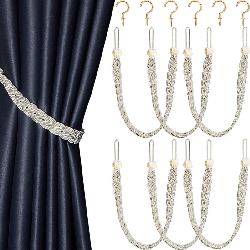 Blulu Blulu 6 Pieces Braided Curtain Tiebacks Rope Belt Curtain Ties and 6 Pieces Hooks Metal Tieback Hooks for Window AccessoriesBeige and Silver 