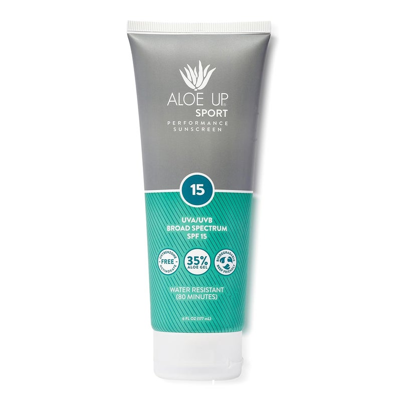Aloe Up Sport Sunscreen Lotion SPF 15  Broad Spectrum UVAUVB Sunscreen Protector for Face and Body  With Hydrating Aloe Vera Gel  NonGreasy  No White Cast  Reef Safe  FragranceFree  6 Oz