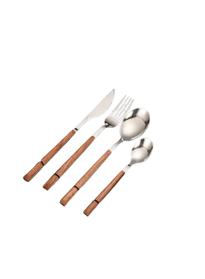 Modern 24-piece cutlery set with smooth wooden handles and a metal structure for serving and hospitality (silver). - Image 3