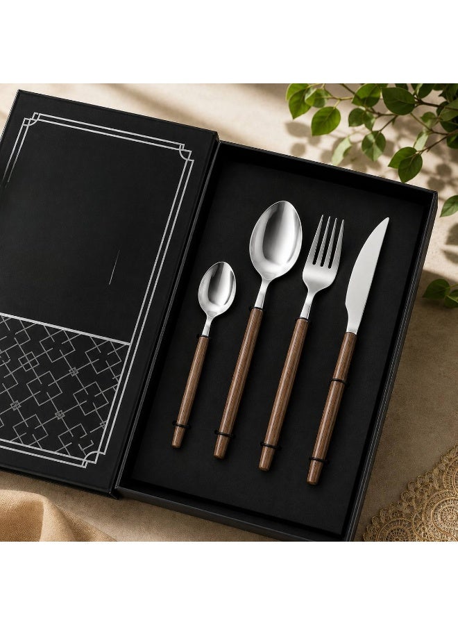 Modern 24-piece cutlery set with smooth wooden handles and a metal structure for serving and hospitality (silver). - Image 2