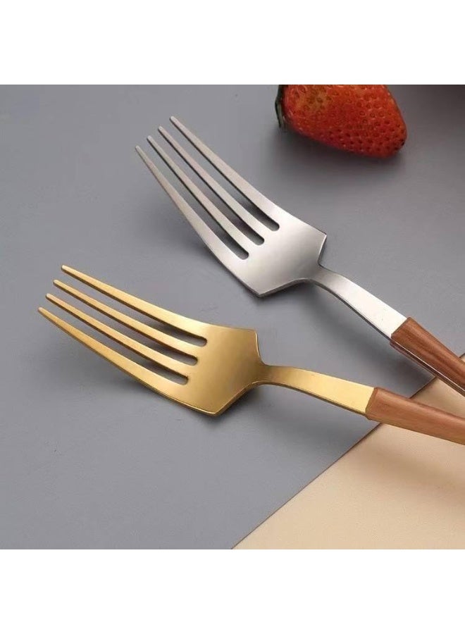 Modern 24-piece cutlery set with smooth wooden handles and a metal structure for serving and hospitality (silver). - Image 1