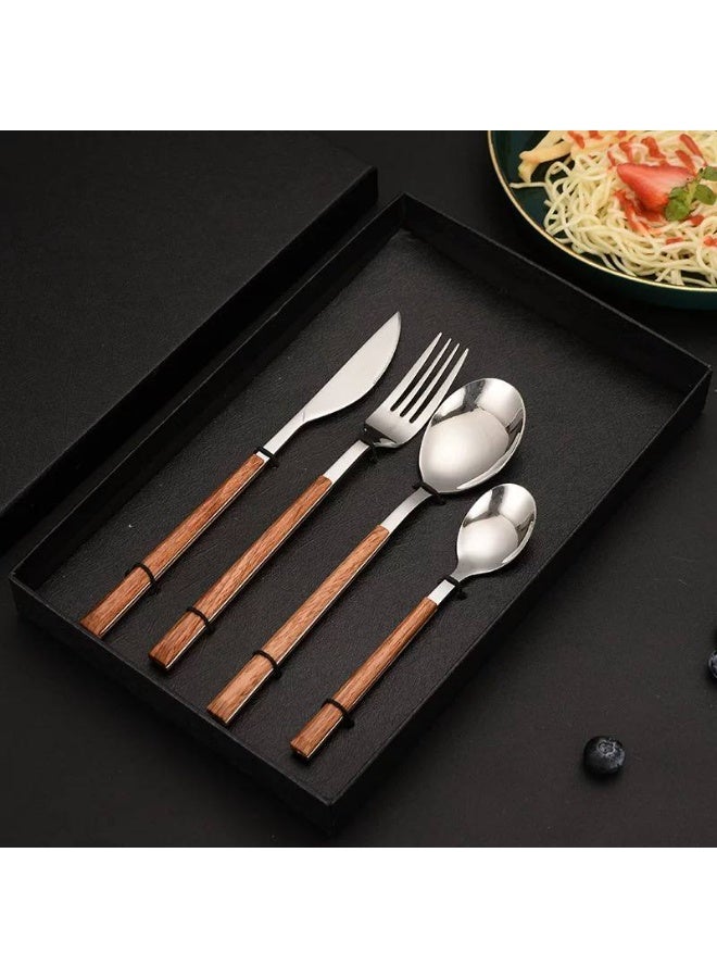 Modern 24-piece cutlery set with smooth wooden handles and a metal structure for serving and hospitality (silver). - Image 4
