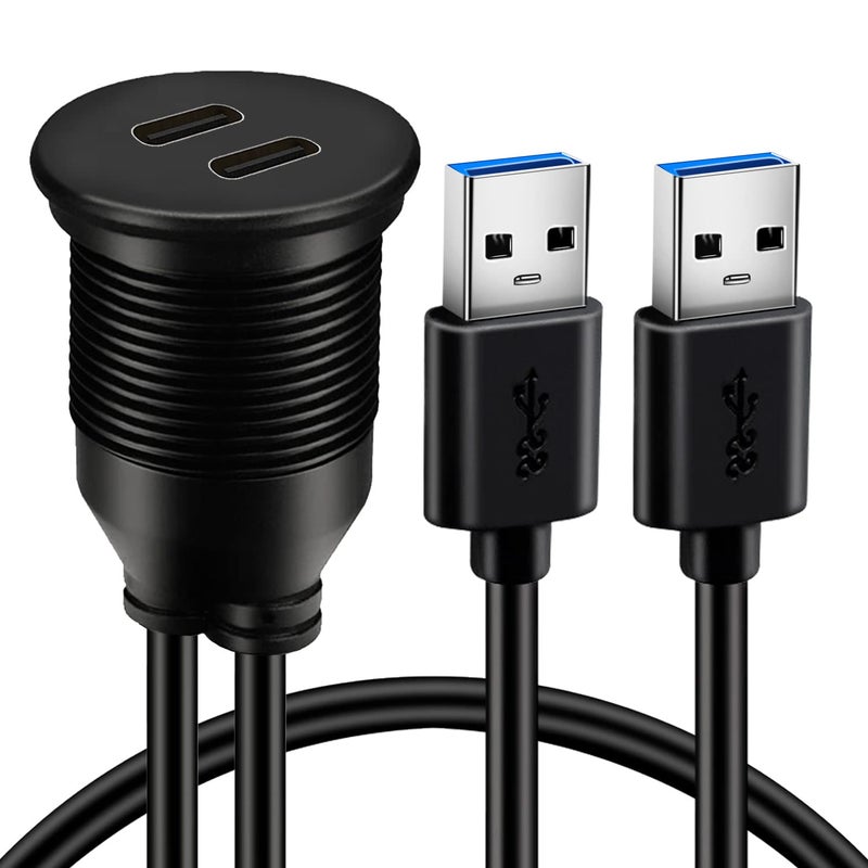 كابل USB 3.0 مزدوج المنافذ من ذكر إلى منفذي Type C 3.0 أنثى لتثبيت متساوٍ في السيارة، كابل تمديد USB C 3.0 لتثبيت اللوحة للسيارة والشاحنة والقارب والدراجة النارية - 3 أقدام - Image 1