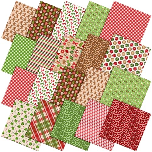 Oudain 60 Pcs 10 x 10 Inch Red and Green Quilting Fabric Squares Christmas Fat Patchwork Precut Strips Gingerbread Man Candy Cane Fabric Bundles for Xmas DIY Craft Sewing Handmade Materials - Image 1