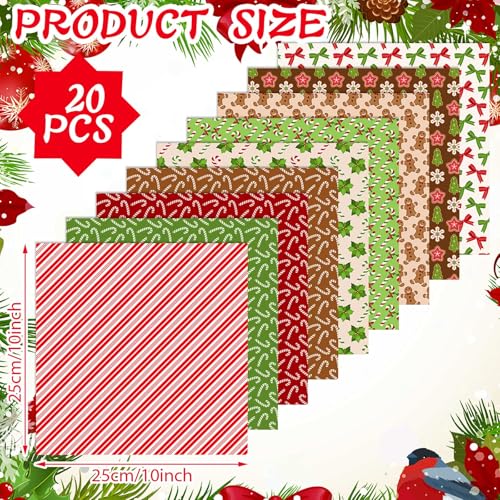 Oudain 60 Pcs 10 x 10 Inch Red and Green Quilting Fabric Squares Christmas Fat Patchwork Precut Strips Gingerbread Man Candy Cane Fabric Bundles for Xmas DIY Craft Sewing Handmade Materials - Image 3