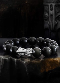 AWNL Men's Beaded Bracelet with Sterling Silver Engraved Runes Charm 12mm Obsidian Natural Gemstone Gift  - Image 2