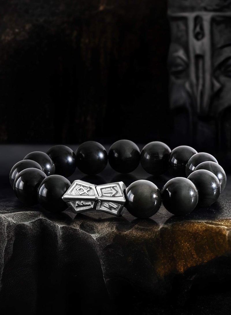 AWNL 12mm Obsidian Beaded Bracelet with Sterling Silver Engraved Runes Charm Natural Gemstone Gift For Men - Image 2