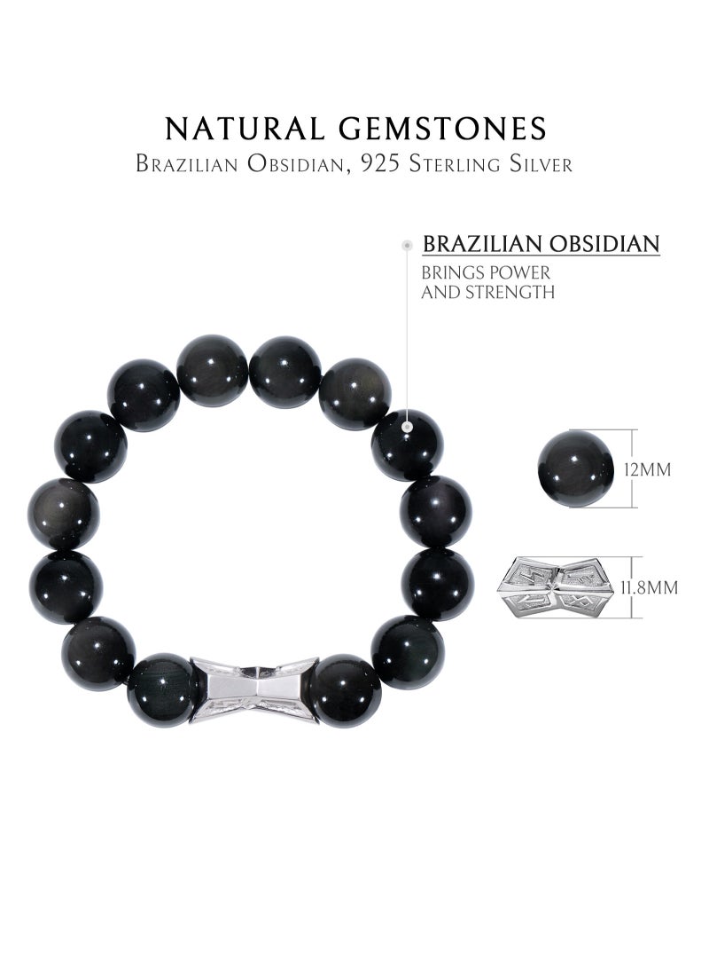 AWNL 12mm Obsidian Beaded Bracelet with Sterling Silver Engraved Runes Charm Natural Gemstone Gift For Men - Image 5